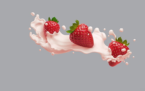 Клубника и молоко, фрукты, красный, клубника, молоко, белый, HD обои HD wallpaper