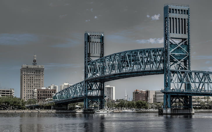 architektura, miasto, pejzaż miejski, most, rzeka, budynek, statek, Jacksonville, Floryda, USA, jacht, chmury, drzewa, metal, Tapety HD