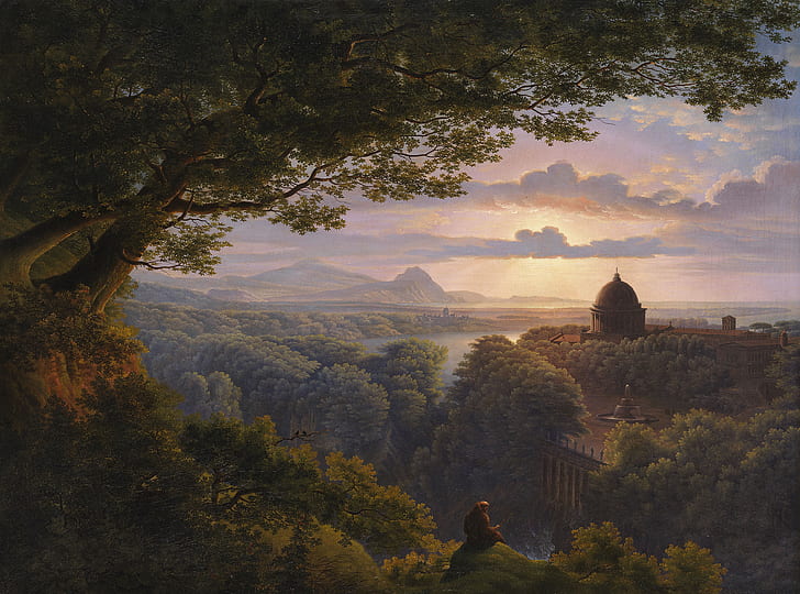 Karl Friedrich Schinkel, lukisan, seni klasik, Landscape with Pilgrim, Wallpaper HD