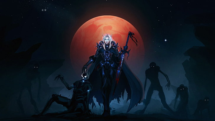 седой персонаж с длинным мечом, цифровые обои, луна, нежить, World of Warcraft, эльф крови, рыцарь смерти, HD обои