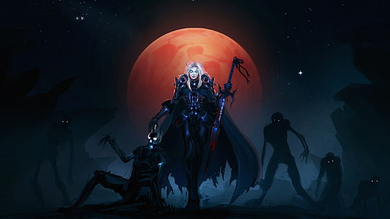 седой персонаж с длинным мечом, цифровые обои, луна, нежить, World of Warcraft, эльф крови, рыцарь смерти, HD обои HD wallpaper
