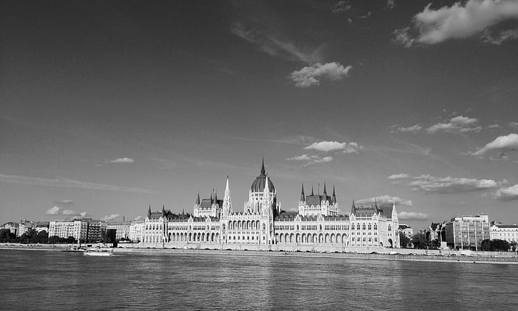 Budapest, Hungarian Parliament Building, Hungary, monochrome, cityscape, HD wallpaper