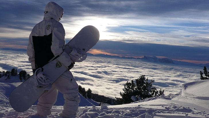 snowboard branco, neve, snowboard, montanhas, HD papel de parede