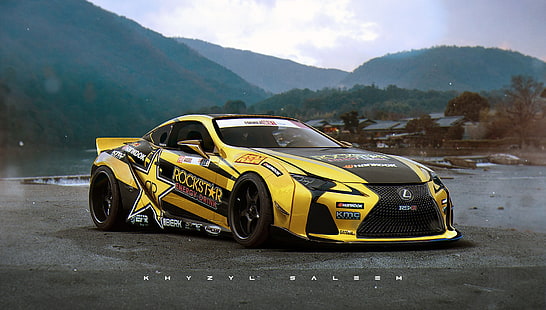 yellow and black coupe, digital art, artwork, car, Khyzyl Saleem, Lexus IS-F, Rockstar (drink), race cars, Lexus, hankook, formula drift, HD wallpaper HD wallpaper
