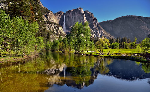 photography of body of water near green leaves tree and field during daytime, Reflections, Yosemite Falls, Merced River, Yosemite National Park, photography, body of water, green leaves, tree, field, daytime, Blue Skies, Capture, NX2, Edited, Central, Yosemite, Sierra, Color, Pro  Day, Day 4, Glass, Grassy, Meadow, Hillside, Trees, Indian, Canyon  Lake, Water, Landscape, NE, River  Mountains, Distance, Nature, Nikon D800E, Pacific Ranges, Portfolio, Lake, River, Riverbank, Sierra Nevada, Trip, Paso Robles, Upper, Yosemite Fall, mountains, Waterfalls, Point, Yosemite Valley, United States, mountain, reflection, scenics, outdoors, rock - Object, forest, beauty In Nature, HD wallpaper HD wallpaper