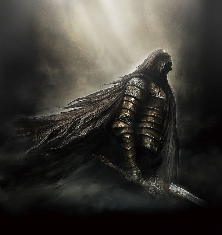 dark souls, big sword, warrior, armor, cape, hood, artwork, Games, HD wallpaper