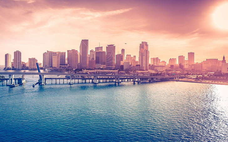 Майами, США, город, мост, небо, море, HD обои