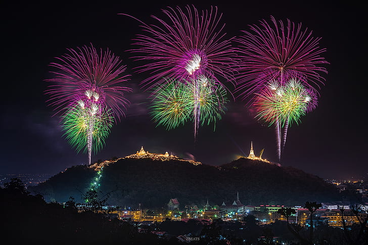 landscape, mountains, the city, holiday, beauty, the evening, fireworks, HD wallpaper