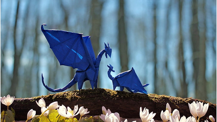 dragon, wings, fantasy art, nature, origami, paper, depth of field, trees, branch, flowers, tail, HD wallpaper