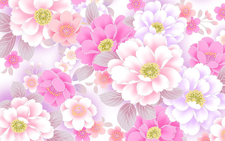 розови и лилави листни цветя анимирани тапети, цветя, колаж, пролет, венчелистчета, пощенска картичка, HD тапет