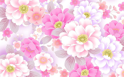 розови и лилави листни цветя анимирани тапети, цветя, колаж, пролет, венчелистчета, пощенска картичка, HD тапет HD wallpaper