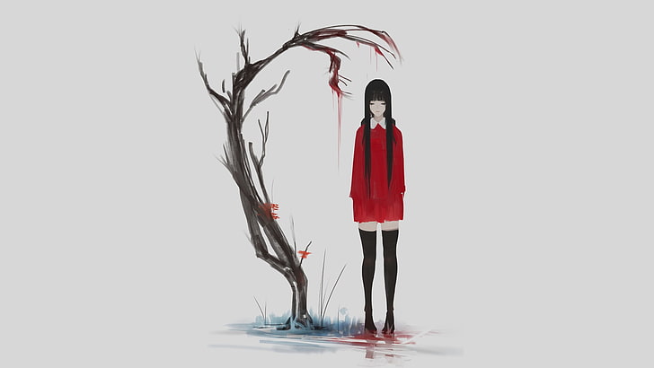 anime, chicas anime, gris, fondo simple, rojo, árboles, deprimente, Fondo de pantalla HD