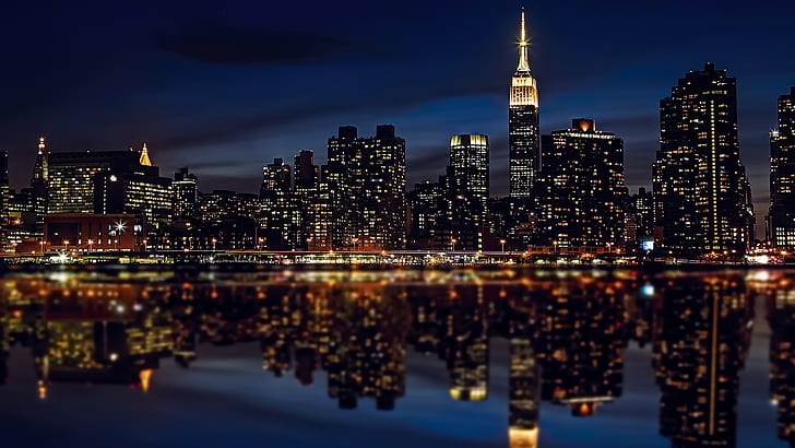 뉴욕 건물 고층 빌딩 야간 조명 반사 HD, 밤, 건물, 도시 풍경, 반사, 고층 빌딩, 조명, 새로운, 뉴욕, HD 배경 화면