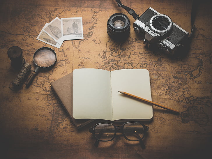 camera, glass, glasses, magnifying, map, maps, notebook, notepad, notes, old, tour, travel, HD wallpaper