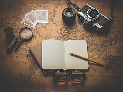 camera, glass, glasses, magnifying, map, maps, notebook, notepad, notes, old, tour, travel, HD wallpaper HD wallpaper