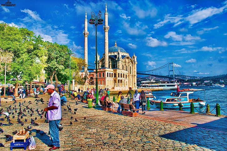 청록색 돔 건물, 액자, 터키, 이스탄불, 이슬람교, 이슬람 건축, HDR, Ortaköy 사원, HD 배경 화면