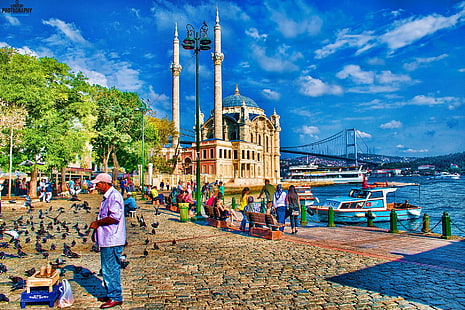 مبنى قبة زرقاء مخضر ، إطارات صور ، تركيا ، اسطنبول ، الإسلام ، العمارة الإسلامية ، HDR ، مسجد أورتاكوي، خلفية HD HD wallpaper