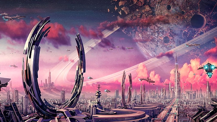 fondo de pantalla del juego, ciencia ficción, ciudad futurista, futurista, paisaje urbano, Fondo de pantalla HD