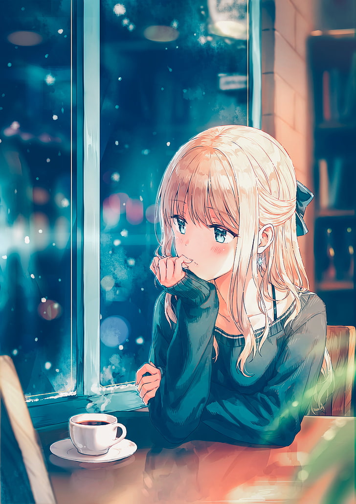 женщина в черном свитере с круглым вырезом сидит возле стеклянного окна иллюстрации, без названия, аниме, аниме девушки, длинные волосы, блондинка, свитер, снег, голубые глаза, кофе, HD обои, телефон обои