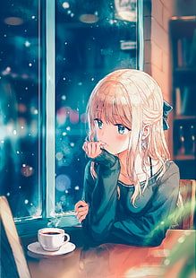 kobieta ubrana w czarny sweter z okrągłym dekoltem siedząca przy szklanym oknie ilustracja, bez tytułu, anime, anime dziewczyny, długie włosy, blondynka, sweter, śnieg, wodne oczy, kawa, Tapety HD HD wallpaper