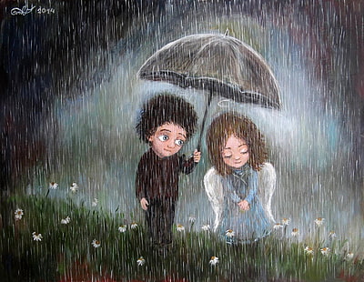 Junge hält Regenschirm in Richtung Engel Illustration, Kunstwerk, Paar, Emotion, Regen, Regenschirm, Feld, Blumen, Engel, HD-Hintergrundbild HD wallpaper