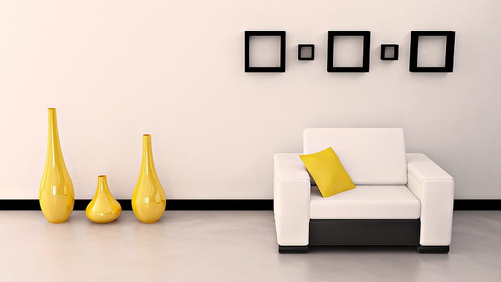 黄色の枕と3つの黄色の花瓶、白、黄色、明るい、デザイン、スタイル、部屋、ソファ、黒、インテリア、枕、フォーム、アパート、花瓶、フレームと白とグレーのソファ椅子、 HDデスクトップの壁紙