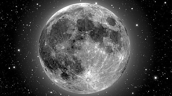 полная луна, звёзды, ночное небо, луна, чёрно-белое, HD обои HD wallpaper