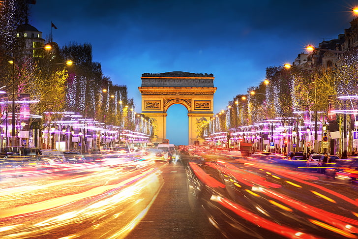 Триумфальная арка, дорога, машина, город, люди, Франция, Париж, вечер, отрывок, Триумфальная арка, Арка, HD обои