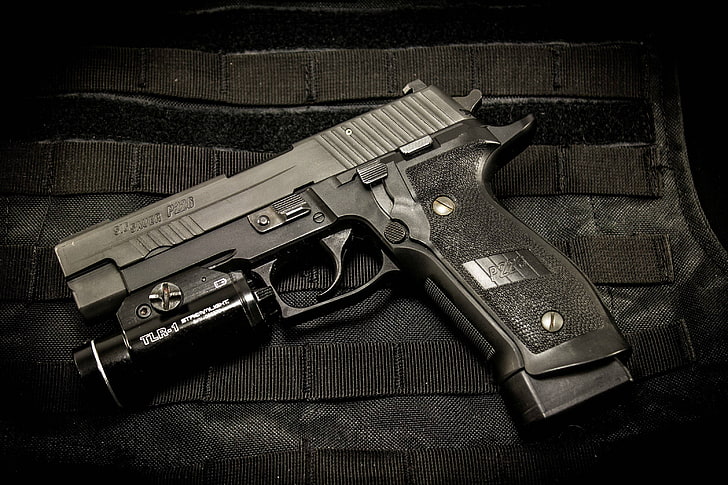black pistol, gun, weapons, flashlight, SIG-Sauer, P226, HD wallpaper