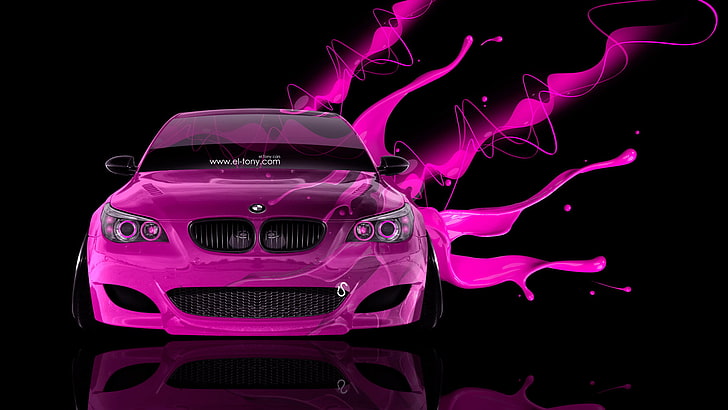 pink BMW E60, Black, Pink, BMW, Wallpaper, Background, Car, Photoshop, Style, Wallpapers, Effects, 2014, Glamour, el Tony Cars, Tony Kokhan, Glamorous, Black Background, Front View, Live Colors, emka, Live Paint, HD wallpaper