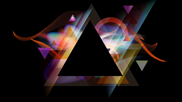 абстрактно, геометрия, черен фон, цветен, триъгълник, HD тапет