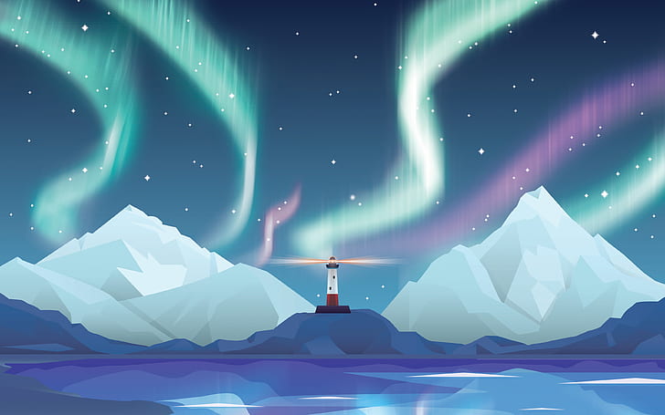 Leuchtturm, Aurora, flaches Design, Andere, HD-Hintergrundbild