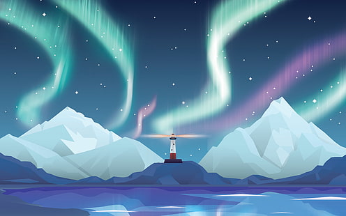 Leuchtturm, Aurora, flaches Design, Andere, HD-Hintergrundbild HD wallpaper