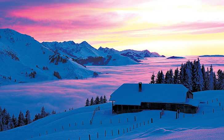 пейзаж планини Отстъпление в планините, Швейцария Природа Зима HD Изкуство, природа, Пейзаж, Декорация, сняг, планини, отстъпление, HD тапет
