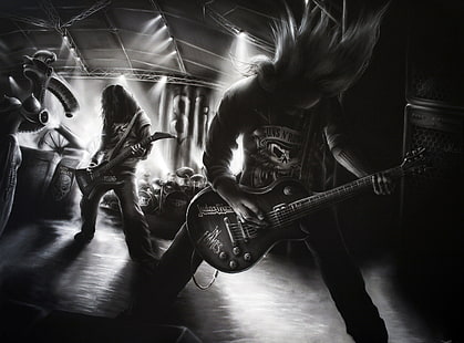 Metal Rock Band, двама мъже, свирещи на тапети за китара, Music, Rock, Metal, Band, HD тапет HD wallpaper