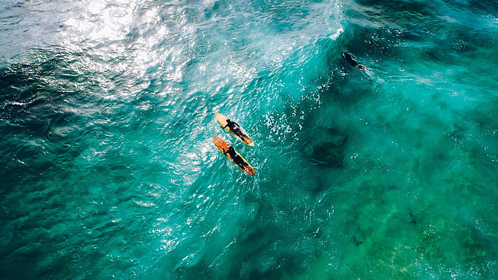 two orange surfboards, waves, sea, surfing, HD wallpaper