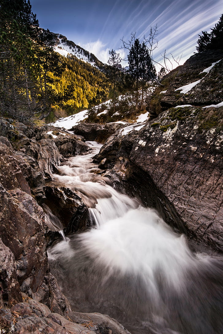 timelapse phot of waterfalls during daytime, Neste, de, Saux, timelapse, phot, daytime, rivière, torrent, stream, Aure, Aragnouet, Saint-Lary, cascade  waterfall, ciel, sky, nuages, clouds, landscape, montagne, mountain, Pirineos, Pyrenees, nature, river, scenics, waterfall, outdoors, rock - Object, water, forest, beauty In Nature, HD wallpaper