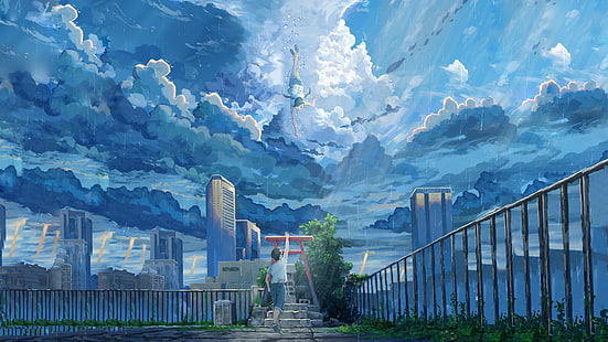  Tenki no Ko, Hodaka Morishima, Hina Amano, Weathering With You, sky, rain, city, HD wallpaper HD wallpaper