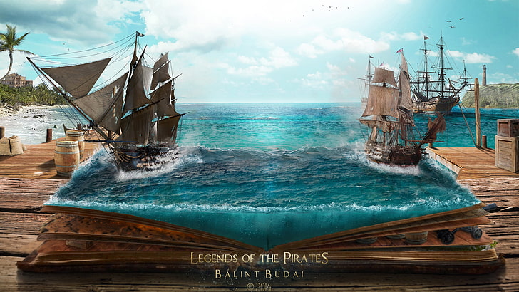 Wallpaper Legends of the Pirates Balint Budai, poster Legends of the Pirates, sihir, buku, bajak laut, laut, pertempuran, pantai, pelabuhan, pulau, seni fantasi, Wallpaper HD