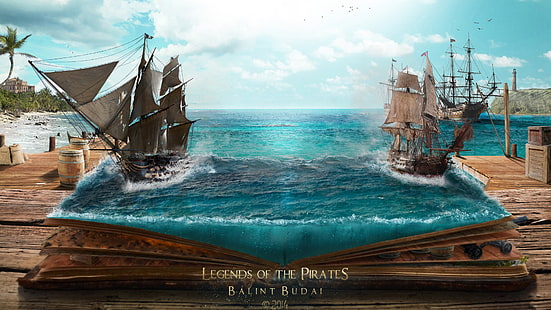 Fondo de pantalla de Legends of the Pirates Balint Budai, póster de Legends of the Pirates, magia, libros, piratas, mar, batalla, costa, puertos, isla, arte de fantasía, Fondo de pantalla HD HD wallpaper