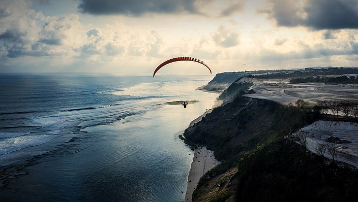shoreline and mountains digital wallpaper, landscape, coast, sky, sea, cliff, Bali, Indonesia, paragliding, HD wallpaper