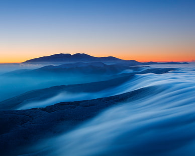 Zachód słońca, Huawei MediaPad M5, Foggy, Twilight, Horizon, Landscape, Stock, Mountains, Tapety HD HD wallpaper