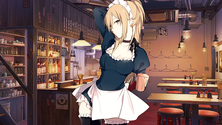 pembantu, pakaian pelayan, karakter asli, gadis anime, Wallpaper HD