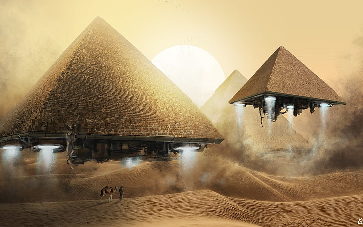 brown pyramid wallpaper, pyramid, desert, fantasy art, Egypt, camels, sand, abstract, HD wallpaper