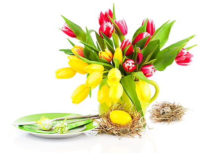 eggs, spring, yellow, plate, Easter, tulips, pink, HD wallpaper HD wallpaper
