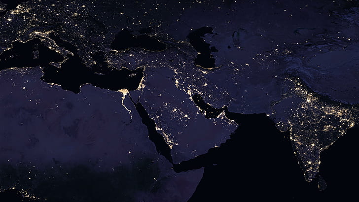 map, urban, power, continent, 8k uhd, planet, world, globe, earth, ocean, nasa, india, europe, asia, africa, middle east, city lights, lights, night, HD wallpaper