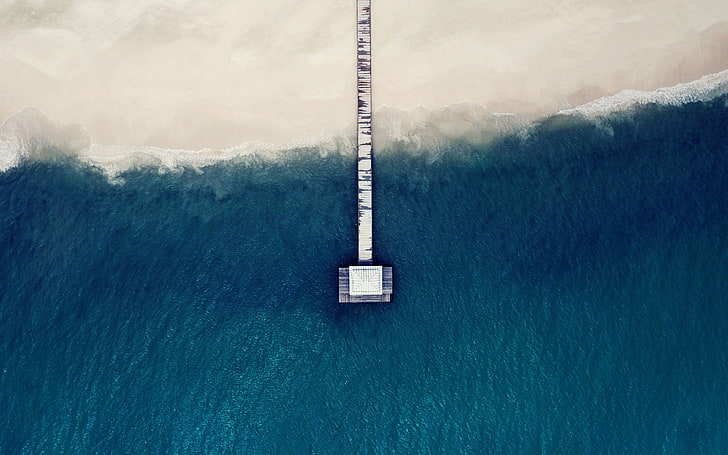 body of water, sand, beach, sea, aerial view, pier, blue, water, Maldives, HD wallpaper