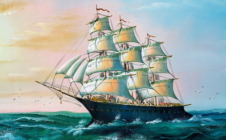 white and brown galleon ship on body of water painting, Sea, Figure, Birds, Ship, Sailboat, Day, Seagulls, Painting, Side view, HD wallpaper