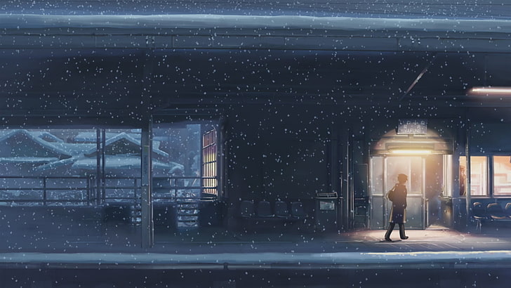 casa gris, persona caminando debajo de la nieve, 5 centímetros por segundo, Makoto Shinkai, anime, nieve, estación de tren, noche, nevando, Fondo de pantalla HD