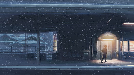 rumah abu-abu, orang berjalan di bawah salju, 5 Sentimeter Per Detik, Makoto Shinkai, anime, salju, stasiun kereta, malam, turun salju, Wallpaper HD HD wallpaper
